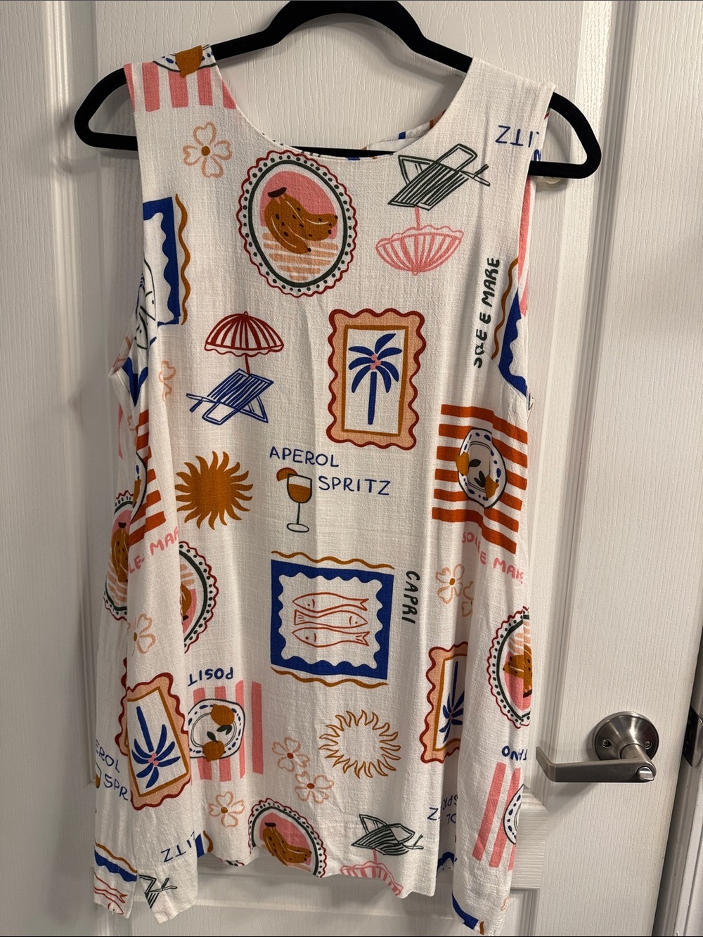 Aperol Spritz Printed Sleeveless  Mini Dress in White with Multicolor Motifs